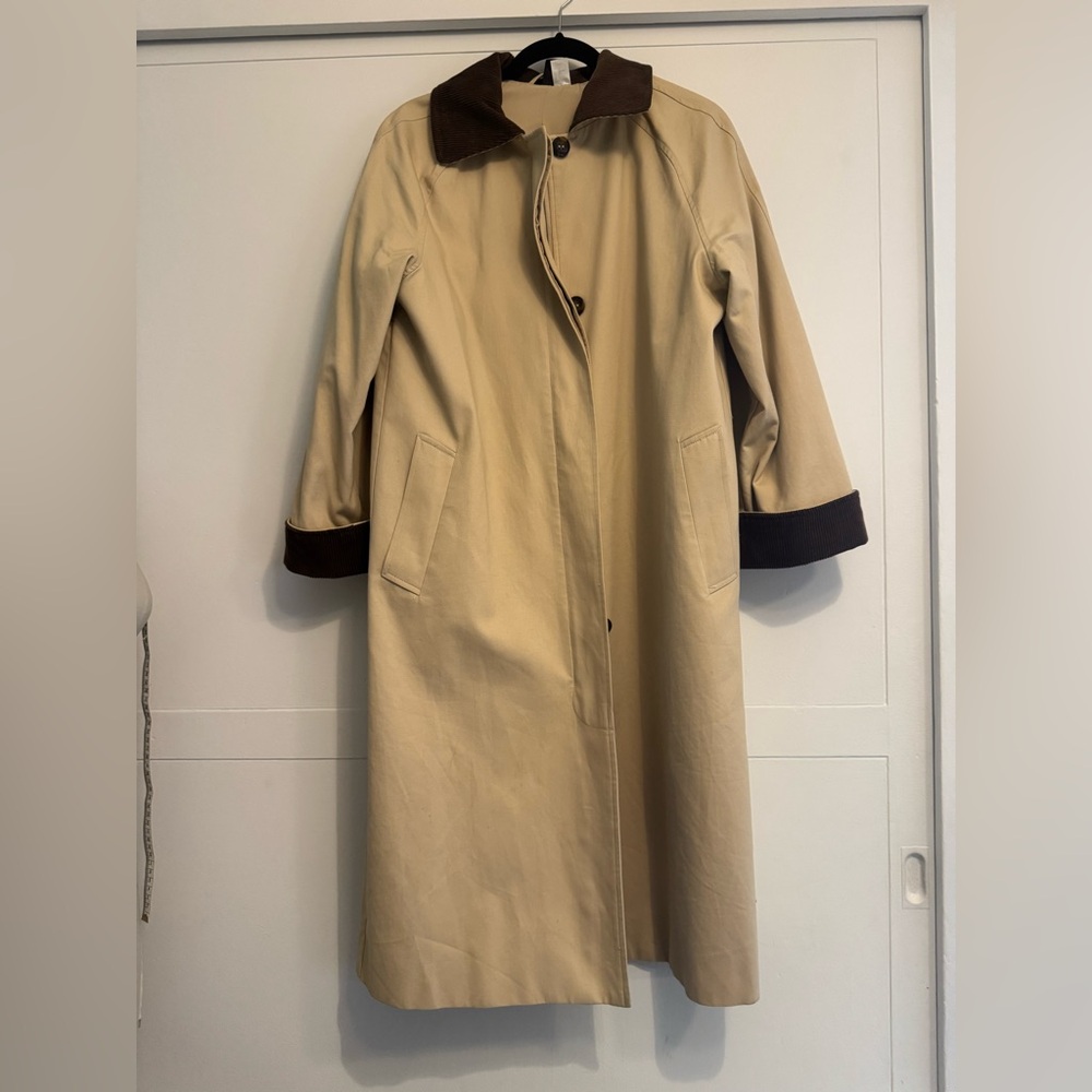H&M tan and brown corduroy collar long barn jacket coat size small